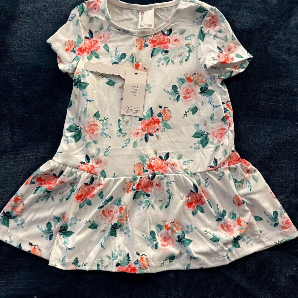 PatPat Baby Girl Floral Dress Short Sleeve Ruffle Peplum Pink White 12-18M NWT